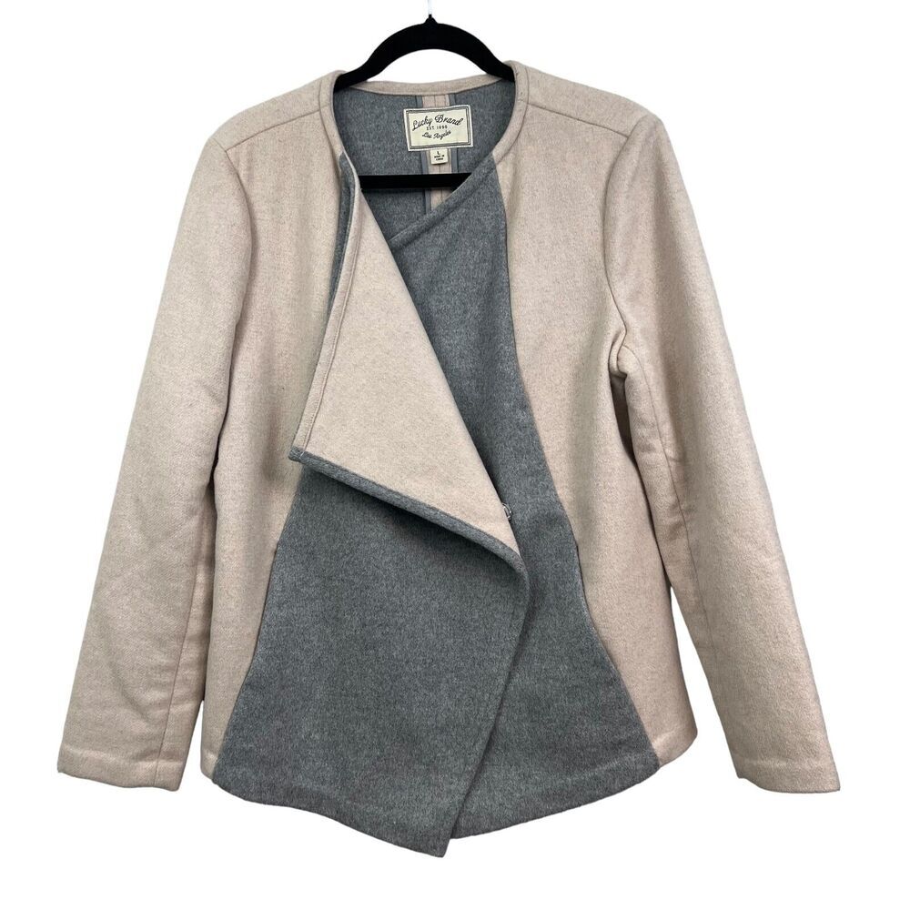 Lucky Brand Womens Wool Blend Asymmetric Jacket Snap Button Beige‎ Grey Size L